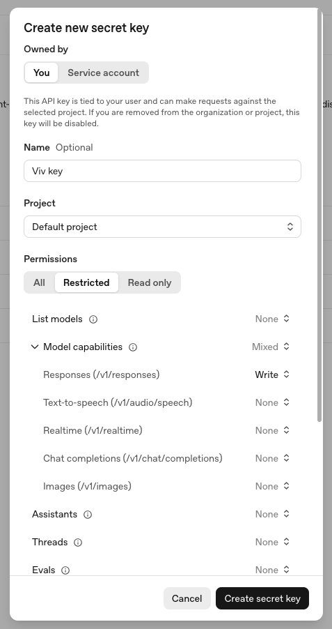 OpenAI API key permissions